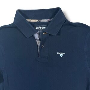 Barbour Men's Navy Blue Golf Polo Shirt Size Medium Short Sleeve Plaid Collar